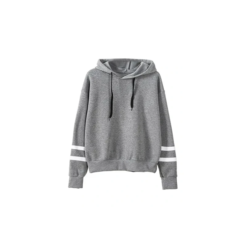 Hooded Neck Long Sleeves Contrast Stripes Hoodie Grey