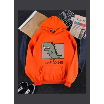Hoodie Sweatshirt Cartoon Dinosaur Printing Loose Spring Autumn Student Pullover Tops Orange