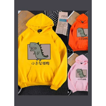 Hoodie Sweatshirt Cartoon Dinosaur Printing Loose Spring Autumn Student Pullover Tops Orange