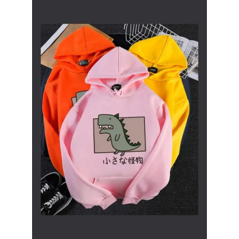 Hoodie Sweatshirt Cartoon Dinosaur Printing Loose Spring Autumn Student Pullover Tops Orange