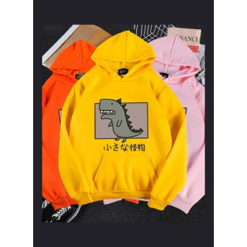 Hoodie Sweatshirt Cartoon Dinosaur Printing Loose Spring Autumn Student Pullover Tops Orange