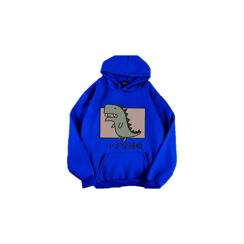 Hoodie Sweatshirt Cartoon Dinosaur Printing Loose Spring Autumn Student Pullover Tops Blue