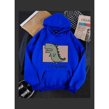 Hoodie Sweatshirt Cartoon Dinosaur Printing Loose Spring Autumn Student Pullover Tops Blue