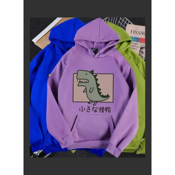 Hoodie Sweatshirt Cartoon Dinosaur Printing Loose Spring Autumn Student Pullover Tops Blue