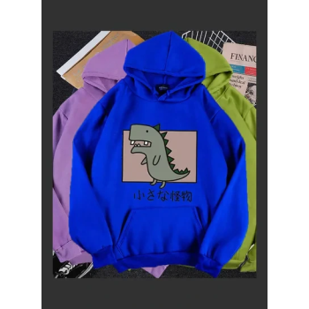 Hoodie Sweatshirt Cartoon Dinosaur Printing Loose Spring Autumn Student Pullover Tops Blue