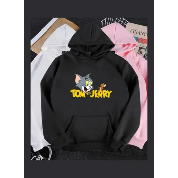 Hoodie Sweatshirt Tom And Jerry Thicken Velvet Loose Autumn Winter Pullover Tops White