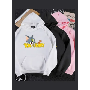 Hoodie Sweatshirt Tom And Jerry Thicken Velvet Loose Autumn Winter Pullover Tops White
