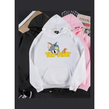 Hoodie Sweatshirt Tom And Jerry Thicken Velvet Loose Autumn Winter Pullover Tops White