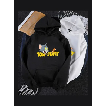 Hoodie Sweatshirt Tom And Jerry Thicken Velvet Loose Autumn Winter Pullover Tops White