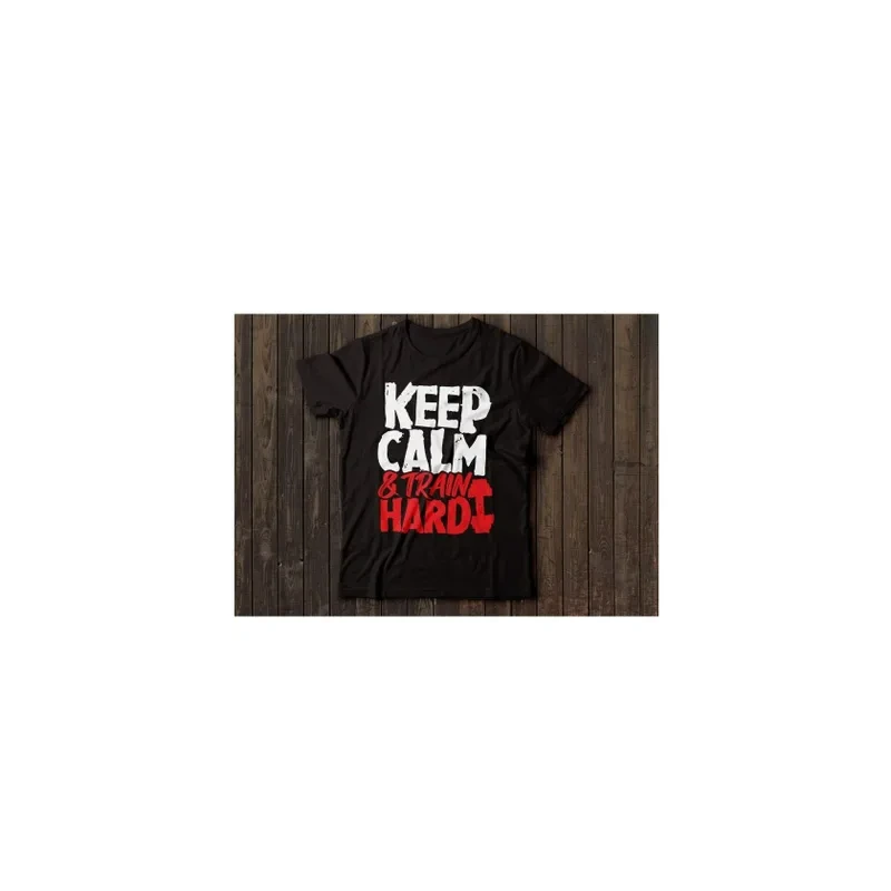 Keep Calm And Train Hard Printed Fitness Round Neck Black T-shirts