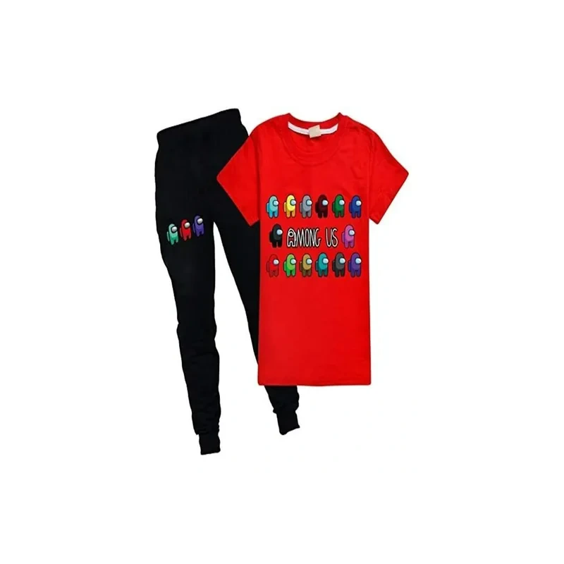 Kids Among Us Clothes Short Sleeve Summer Cartoon Kids T-shirt Tops + Pants Set RED