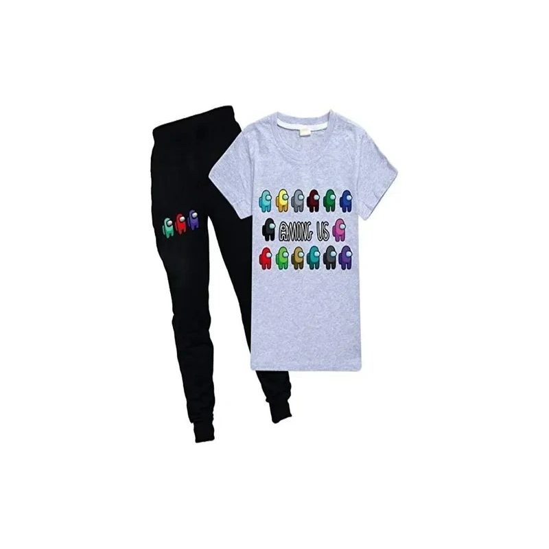 Kids Among Us Clothes Short Sleeve Summer Cartoon Kids T-shirt Tops + Pants Set GREY