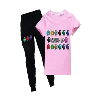 Kids Among Us Clothes Short Sleeve Summer Cartoon Kids T-shirt Tops + Pants Set PINK