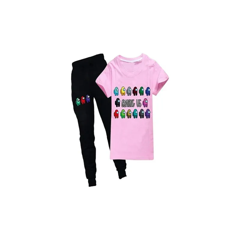 Kids Among Us Clothes Short Sleeve Summer Cartoon Kids T-shirt Tops + Pants Set PINK