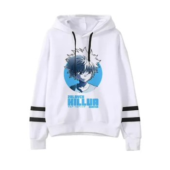 Killua Hunter X Hunter Sweatshirt Killua Classic Comic Anime Cotton For Unisex Fleece Sweatshirts Printed Black Hoodie With White T-shirt With Black Piping