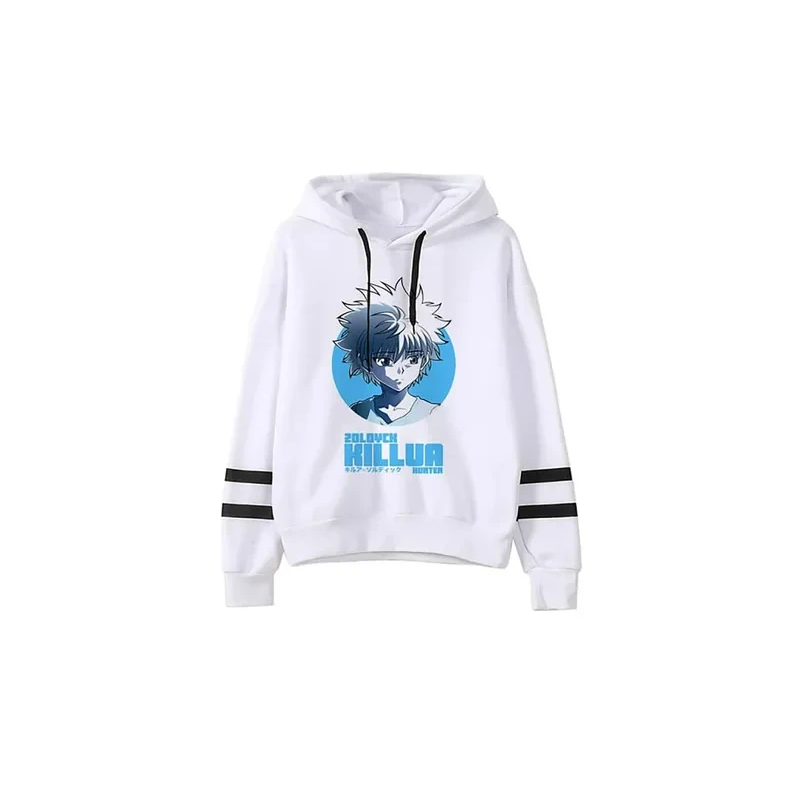 Killua Hunter X Hunter Sweatshirt Killua Classic Comic Anime Cotton For Unisex Fleece Sweatshirts Printed Black Hoodie With White T-shirt With Black Piping