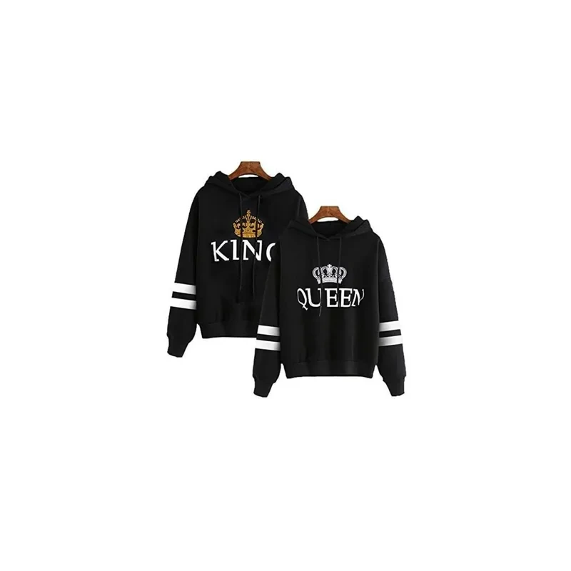 King & Queen Couple Striped Sleeve Crown Printed Pullover Hoodie Sweatshirts Set