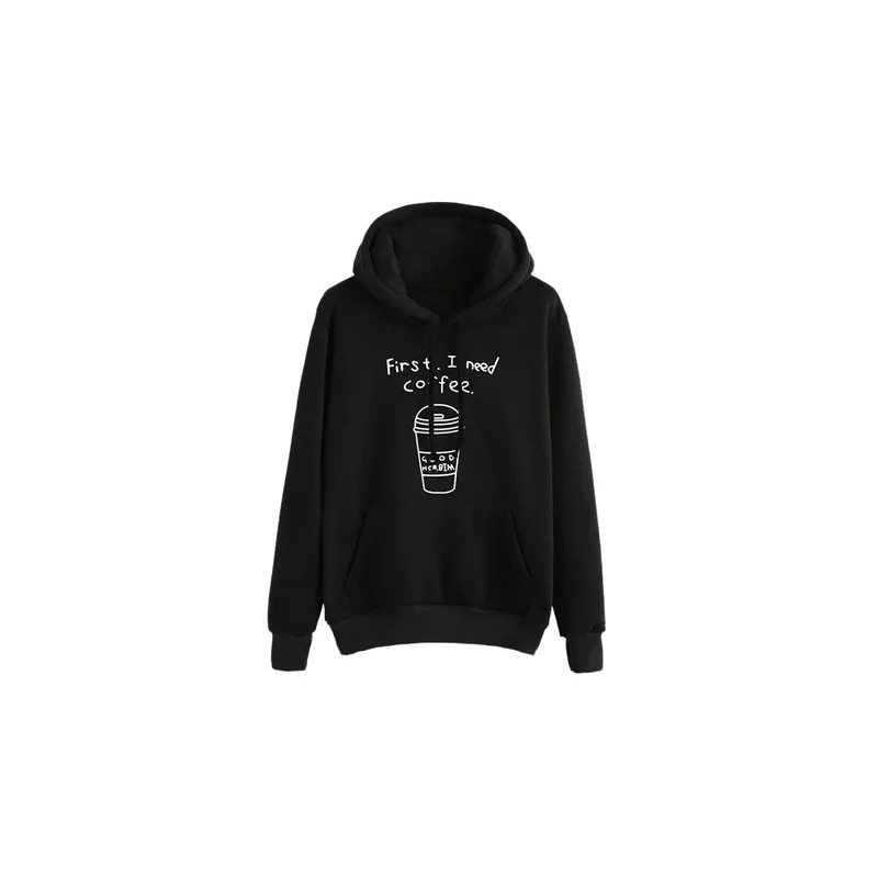 Long Sleeve Hooded Neck Letter Print Sweatshirt Black