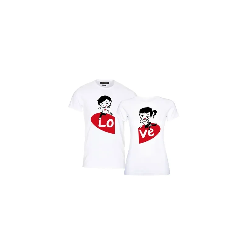 Love Heart Printed Couple Cotton Short Sleeve Round Neck White T-shirt