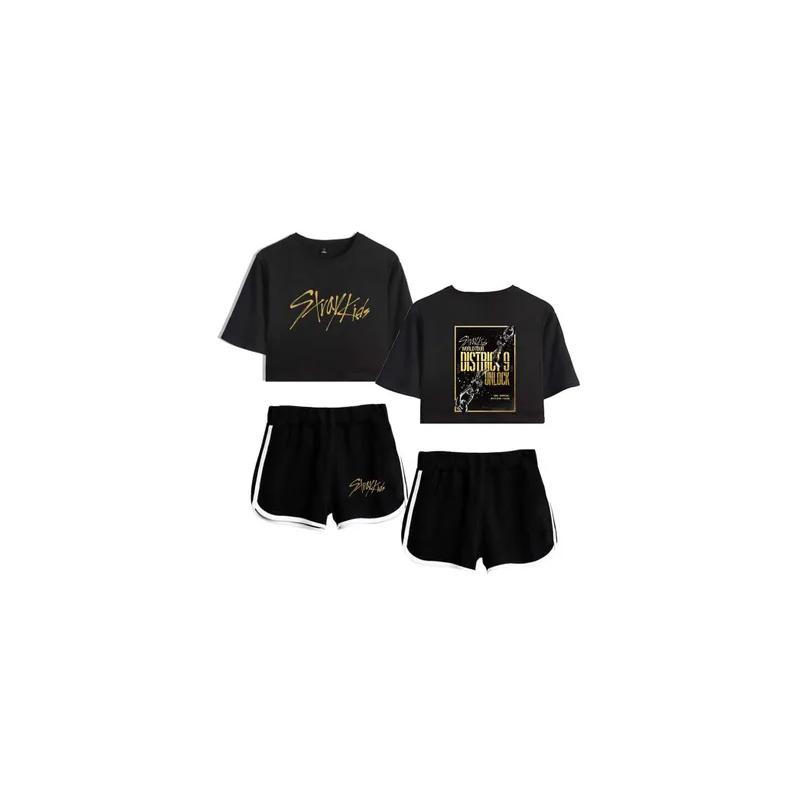 Stray Kids Kpop Fan Album Printed Summer Women Tracksuit Set Black