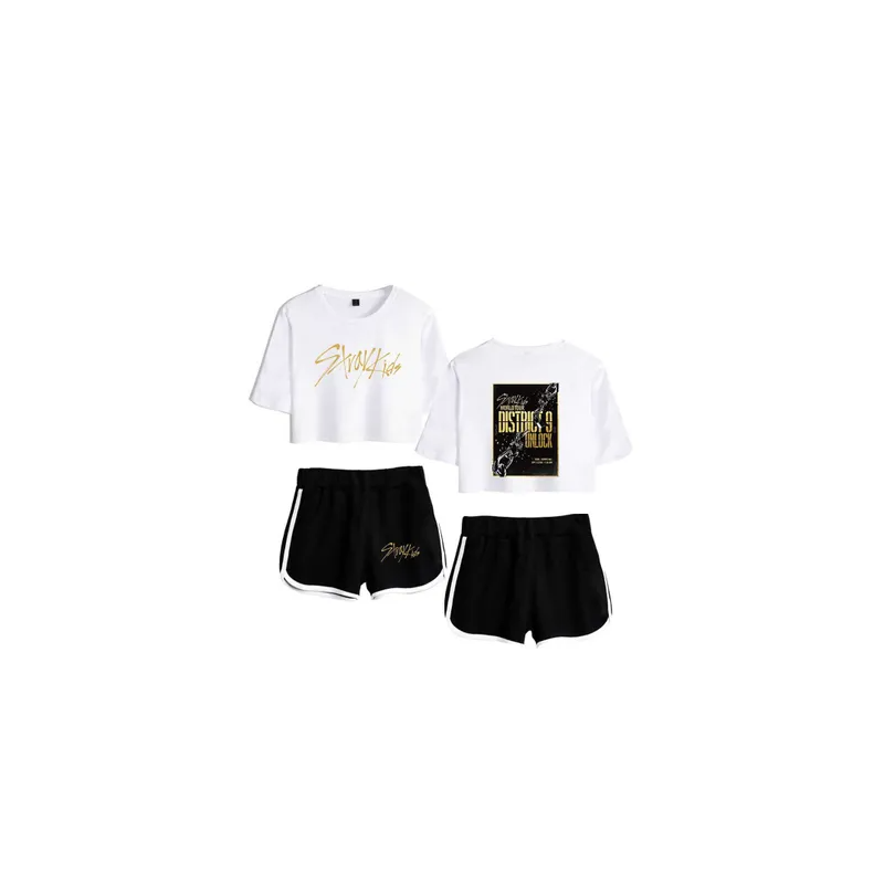 Stray Kids Kpop Fan Album Printed Summer Women White Crop Top and Black Shorts Set