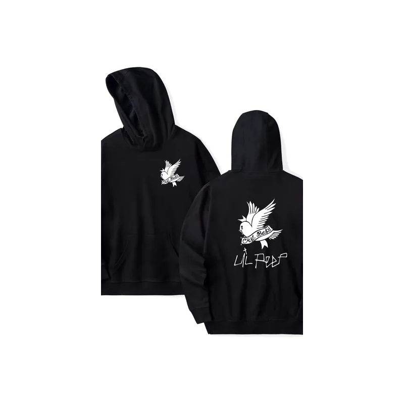 Street Trend Lil Peep Print Loose Fleece Hoodie Black