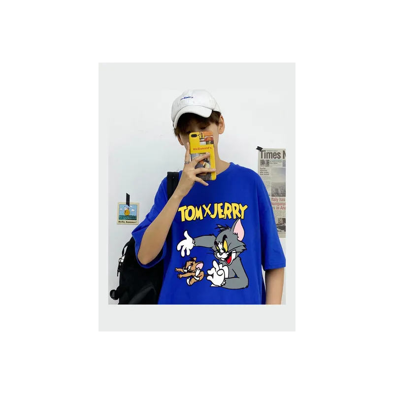 Summer Fashion Casual Loose Short Sleeve Cartoon Printing T-Shirt Tops Blue