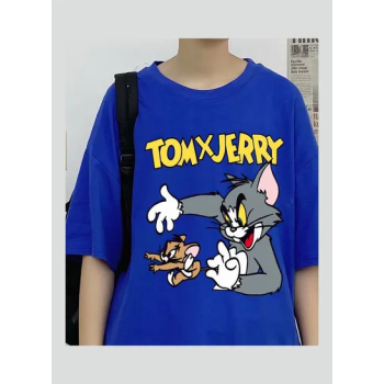 Summer Fashion Casual Loose Short Sleeve Cartoon Printing T-Shirt Tops Blue