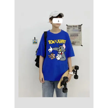 Summer Fashion Casual Loose Short Sleeve Cartoon Printing T-Shirt Tops Blue