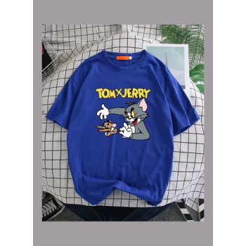 Summer Fashion Casual Loose Short Sleeve Cartoon Printing T-Shirt Tops Blue