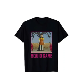 Unisex Adult Korean Tv Series Squid Mask Game Creepy Doll Artwork Art Printed Black T-Shirt