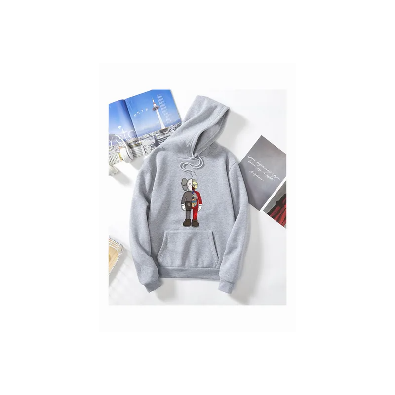 Unisex Cartoon Hoodie Sweatshirt Combined Doll Thicken Couple Wear Loose Pullover Gray