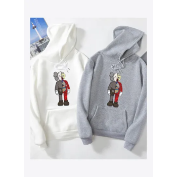 Unisex Cartoon Hoodie Sweatshirt Combined Doll Thicken Couple Wear Loose Pullover Gray