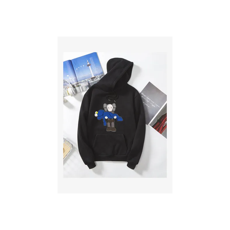Unisex Thicken Hoodie Sweatshirt Cartoon Sleeping Doll Couple Wear Loose Pullover Black