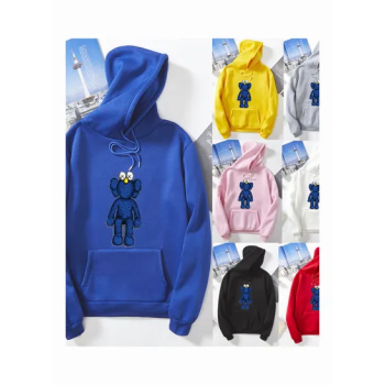 Unisex Thicken Hoodie Sweatshirt Cartoon Sitting Doll Couple Wear Loose Pullover Red