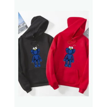 Unisex Thicken Hoodie Sweatshirt Cartoon Sitting Doll Couple Wear Loose Pullover Red