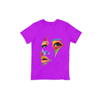 Women Art Face Printed Round Neck T-Shirt Purple