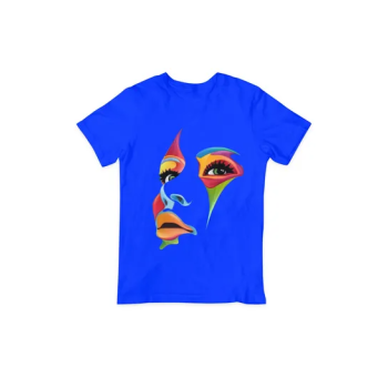 Women Art Face Printed Round Neck T-Shirt Blue