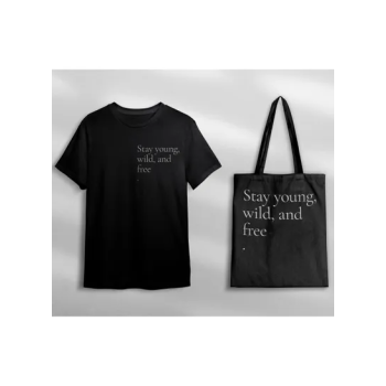 Women Stay Young Wild And Free Printed Black T-shirt & Tote Bag Set