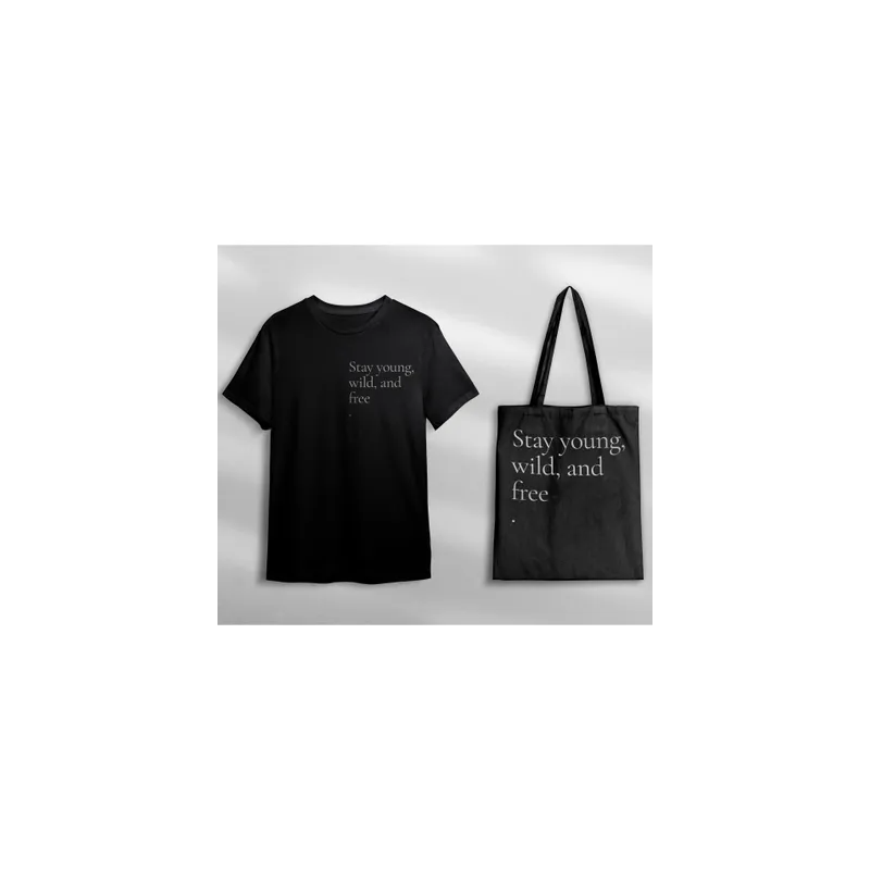 Women Stay Young Wild And Free Printed Black T-shirt & Tote Bag Set