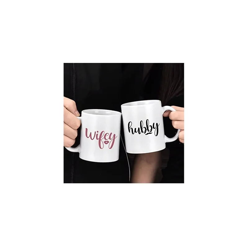 Wifey and Hubby Funny Couple Coffee Mugs Set Wedding Anniversary Valentine's Day Gifts for His Her presents Bridal Shower Vr Husband and Wife Newlywed Novelty Ceramic Cups 11 Ounce White 11Oz