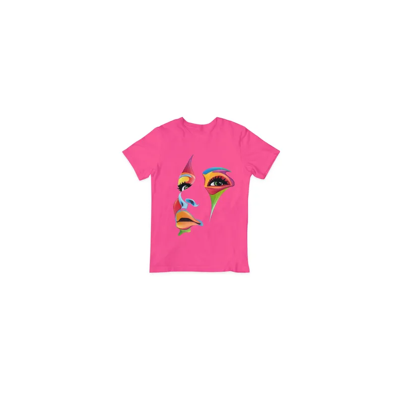 Women Art Face Printed Round Neck T-Shirt Pink