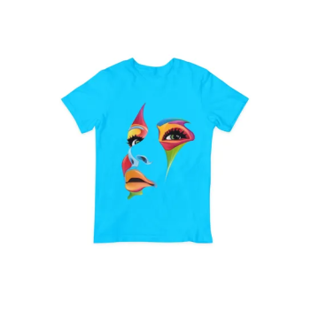 Women Art Face Printed Round Neck T-Shirt Light Blue