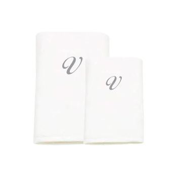 2-Piece Letter V Embroidery Cotton Bath And Hand Towel White 70x140cm
