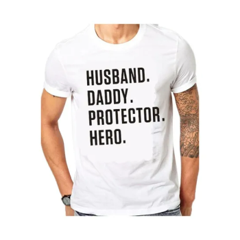 Men Husband Daddy Hero Print Short Sleeve Round Neck T-Shirt Father Day Gift (White)
