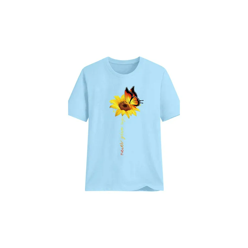 Never Give Up Letter Printed T-Shirt Sky Blue