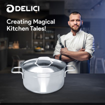 Delici Stainless Steel Exquisite Sauce Pan 20cm, Well Polished Exterior, Non-Stick Interior, Oven Safe, Dishwasher Safe, 304 Grade, Ergonomic Handle, Premium Lid Silver 20cm (DSP 20W)