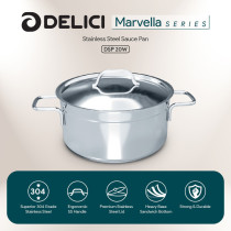 Delici Stainless Steel Exquisite Sauce Pan 20cm, Well Polished Exterior, Non-Stick Interior, Oven Safe, Dishwasher Safe, 304 Grade, Ergonomic Handle, Premium Lid Silver 20cm (DSP 20W)