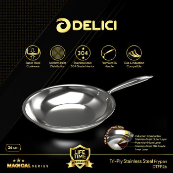 Delici DTFP26 Tri-Ply Stainless Steel Fry Pan with Premium SS Handle