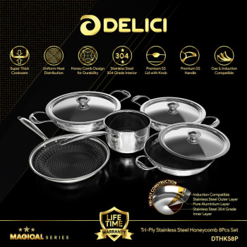 Delici DTHKS8P 8Pc Tri-Ply Stainless Steel Honeycomb Set
